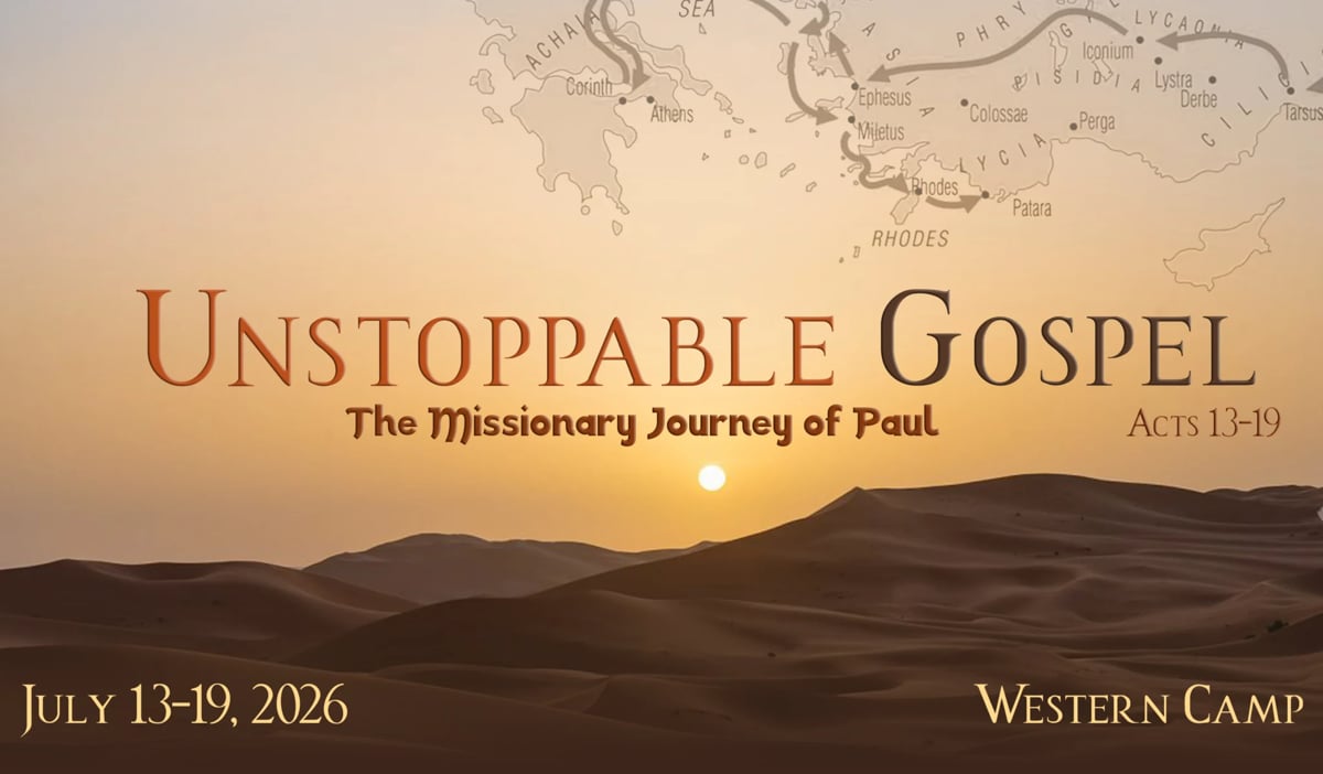 Unstoppable Gospel church event poster featuring desert landscape at sunset with map overlay, dated July 13-19, 2026 at Western Camp